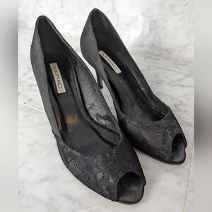 Black satin and lace heels